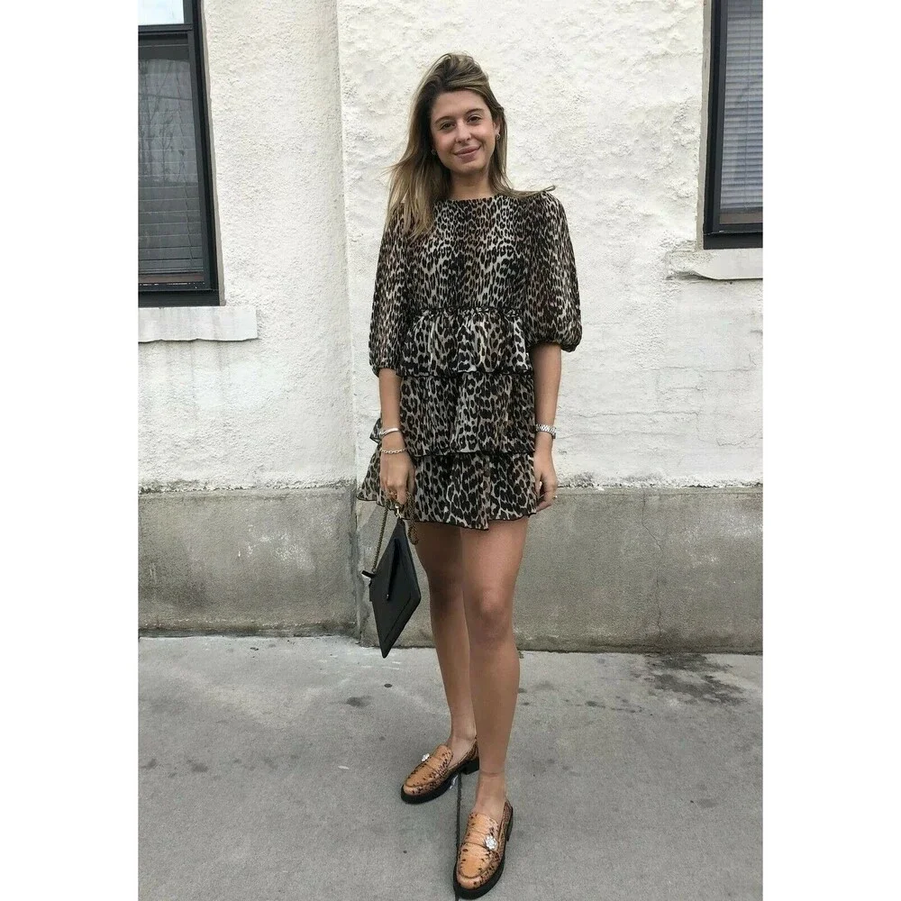 NWT Ganni Leopard Pleated Georgette Tiered Ruffle Dress 36(4), 38(6), 40(8) $235 - Picture 8 of 12